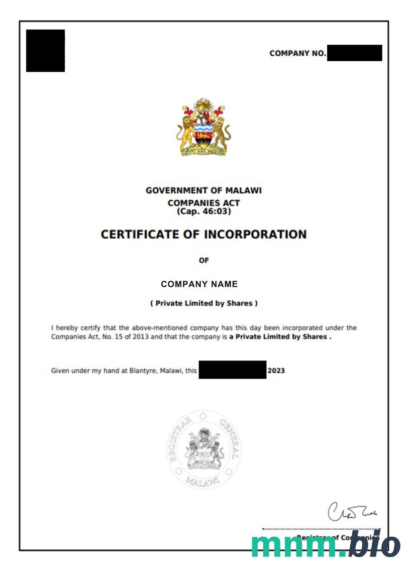 Malawi vcertyfikat of inkorporacja Word i szablon PDF